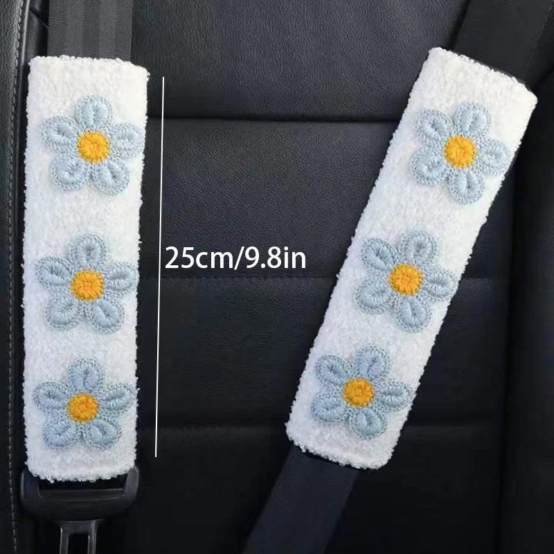 Plush Flower Seat Belt Shoulder Pads - 2pc Women's Car Interior