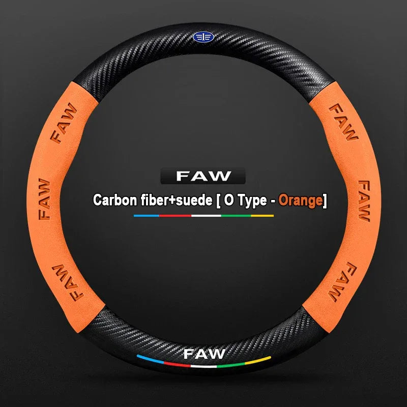 FAW Besturn Carbon Fiber Suede Steering Wheel Cover - O Orange-Carbon+Suede