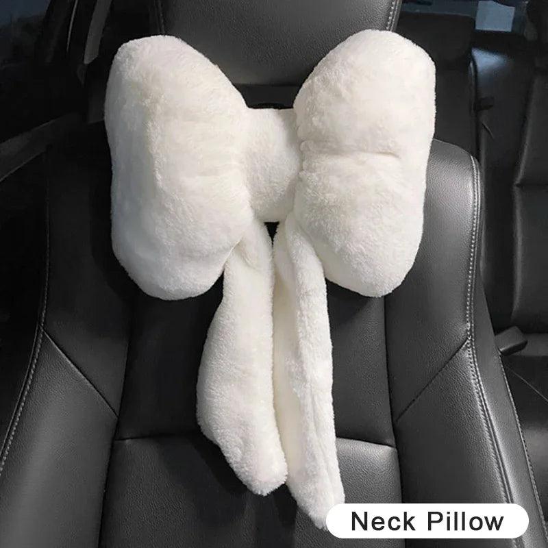 Plush Bowknot Car Headrest Pillow - Neck Support Cushion Auto Seat