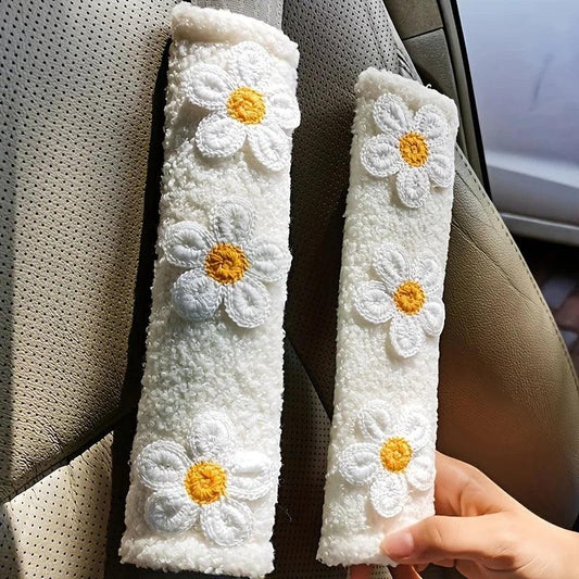 Sherpa Velvet Seat Belt Covers 2pc Small Flower Plush Safety Belt