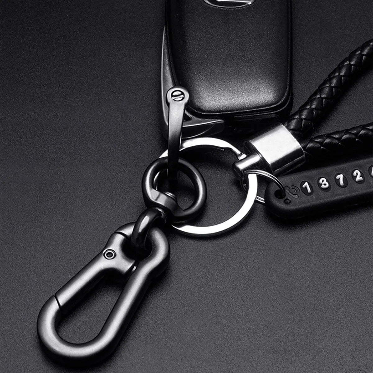 Woven Leather Keychain with Parking Phone Number Plate