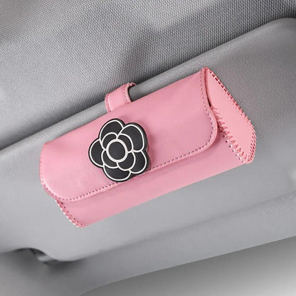 Camellia Leather Car Sunglasses Holder Universal Visor Storage Case
