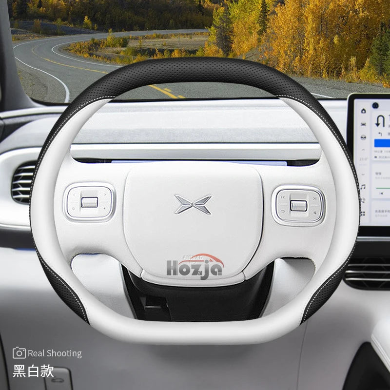 XPeng Twin-Stitch Double-D Steering Wheel Cover - Double D Shape / White