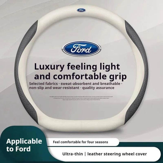Ford Carbon Fiber Leather Steering Wheel Cover for Fits Mondeo, Focus, Raptor, F150, Fusion, Kuga & More - O White Style B