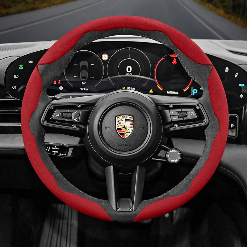 Porsche Suede Snap-On Steering Wheel Cover - Round Shape / 3-Piece Set / Red