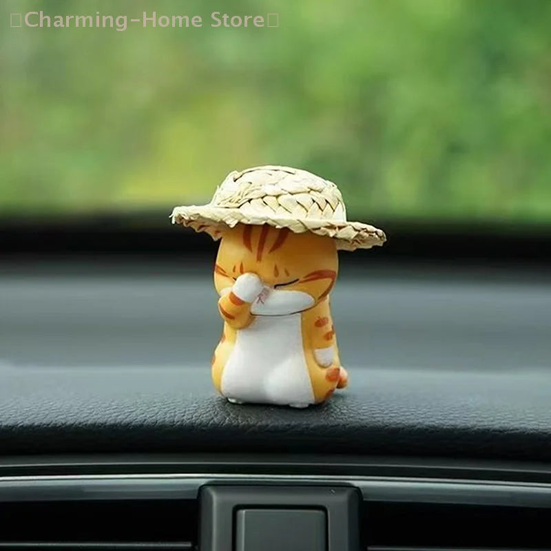 Straw Hat Cat Car Mirror Pendant