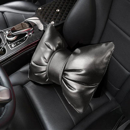 Red Bow PU Leather Car Neck Pillow - Headrest Support Cushion