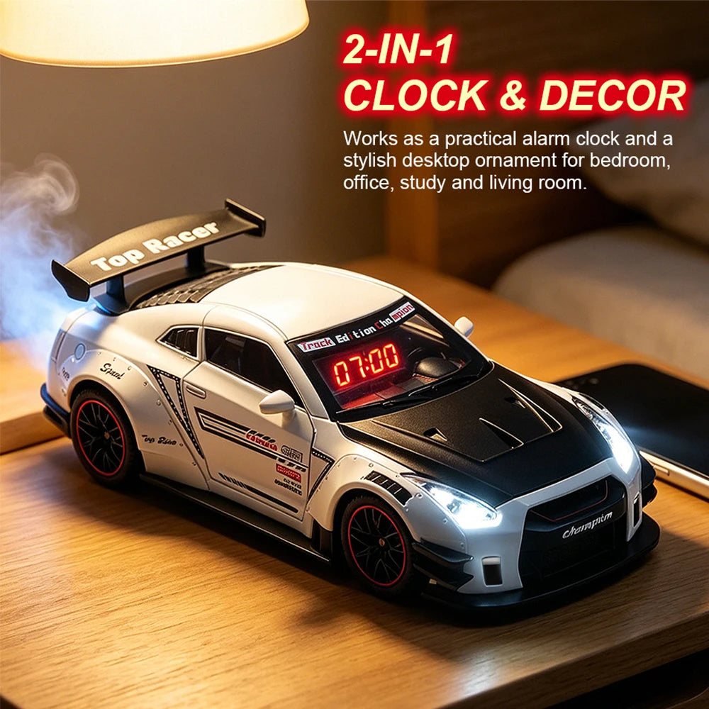 GTR Sports Car Alarm Clock with Engine Sound & Mist Sprayer Desktop Decor