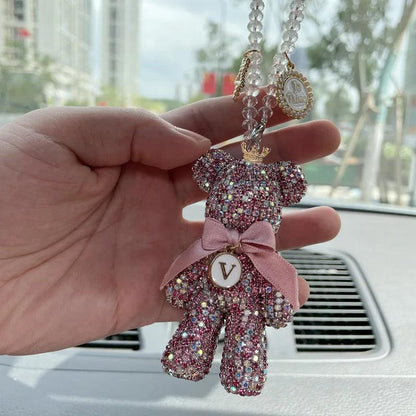 Diamond Crystal Bow Bear Car Mirror Pendant - Bling Auto Ornament