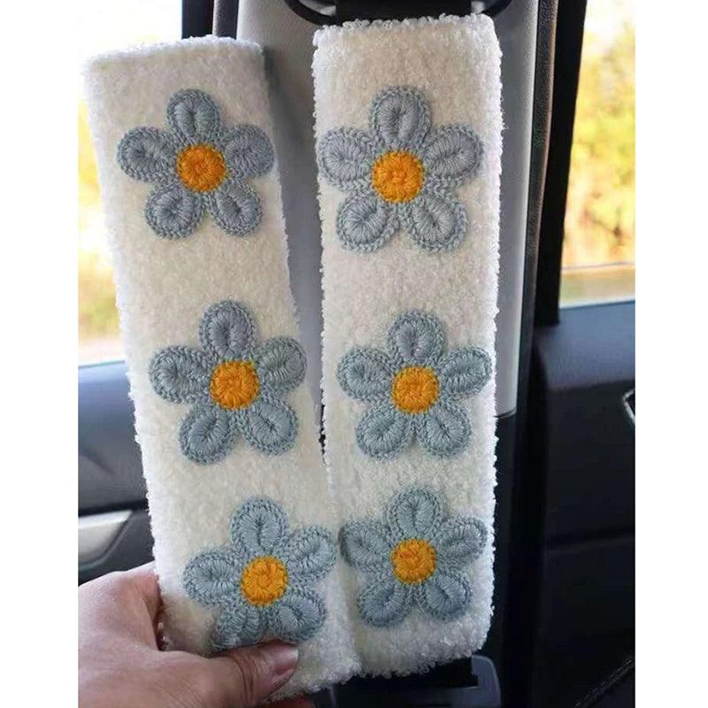 Plush Flower Seat Belt Shoulder Pads - 2pc Women's Car Interior