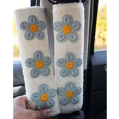Plush Flower Seat Belt Shoulder Pads - 2pc Women's Car Interior