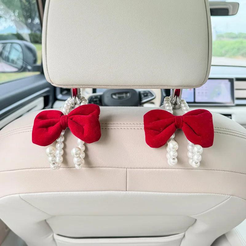 2PCS White Pearl Bow Car Headrest Hooks