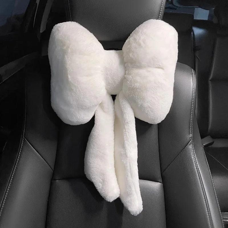 Plush Bowknot Car Headrest Pillow - Neck Support Cushion Auto Seat