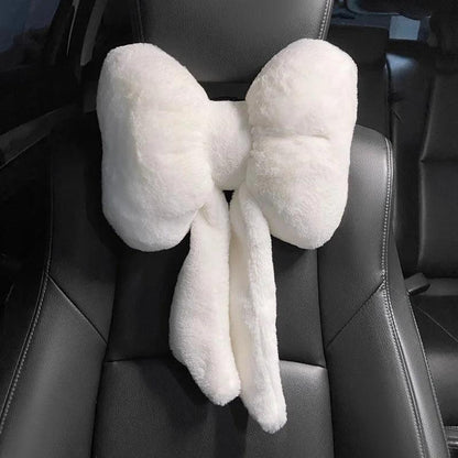 Plush Bowknot Car Headrest Pillow - Neck Support Cushion Auto Seat