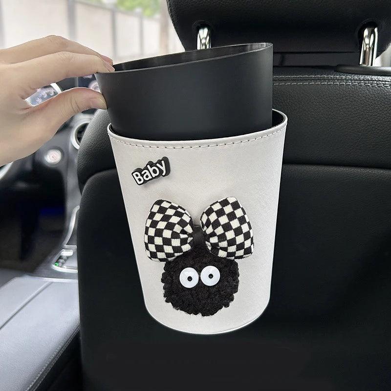 2pc Leather Car Trash Bin Cartoon Coal Ball Headrest Organizer Bag