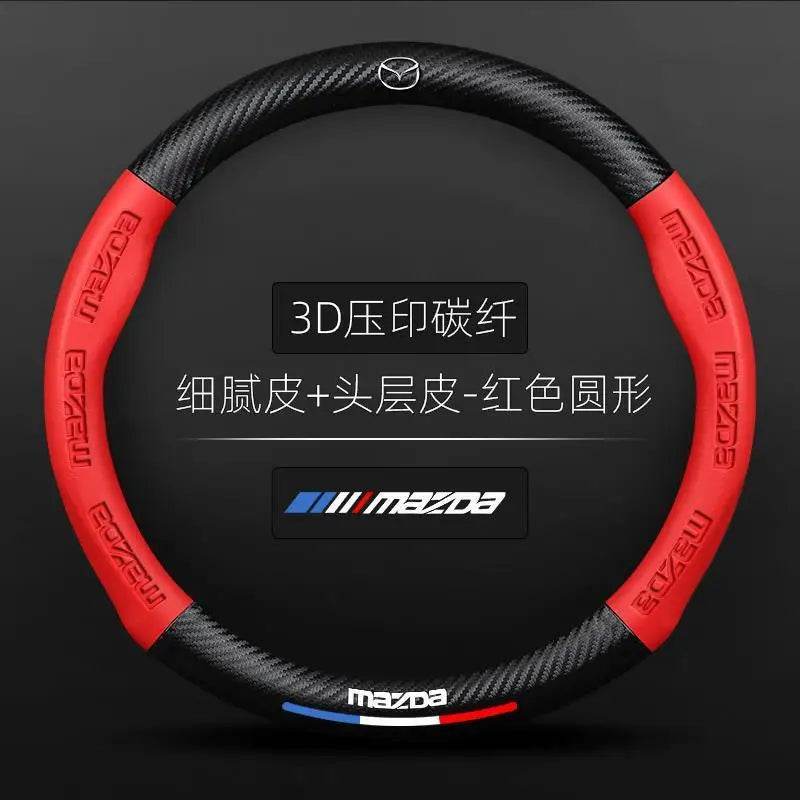 Mazda Carbon Fiber Leather Steering Wheel Cover – Fits 3, 5, 6, CX-5, CX-30, MX-5, RX-8, BT-50 - Carbon fiber