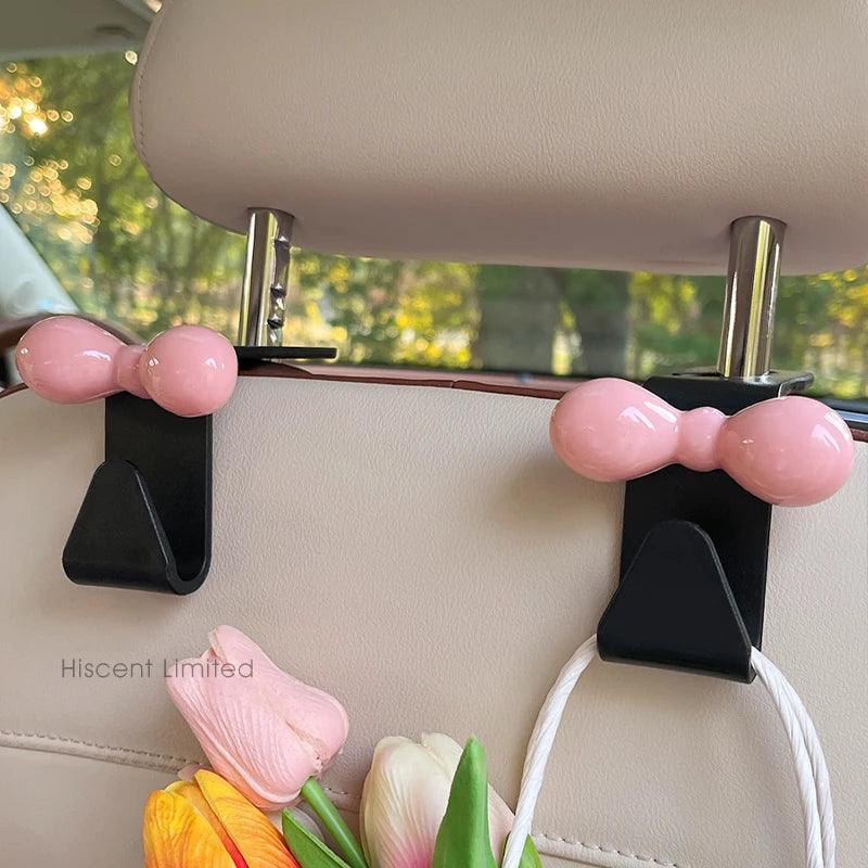 2Pcs Pink Bow Car Headrest Hooks - Seat Back Handbag Organizer
