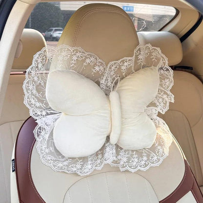 Plush Bow Lace Car Headrest Pillow - Soft Neck Support Cushion