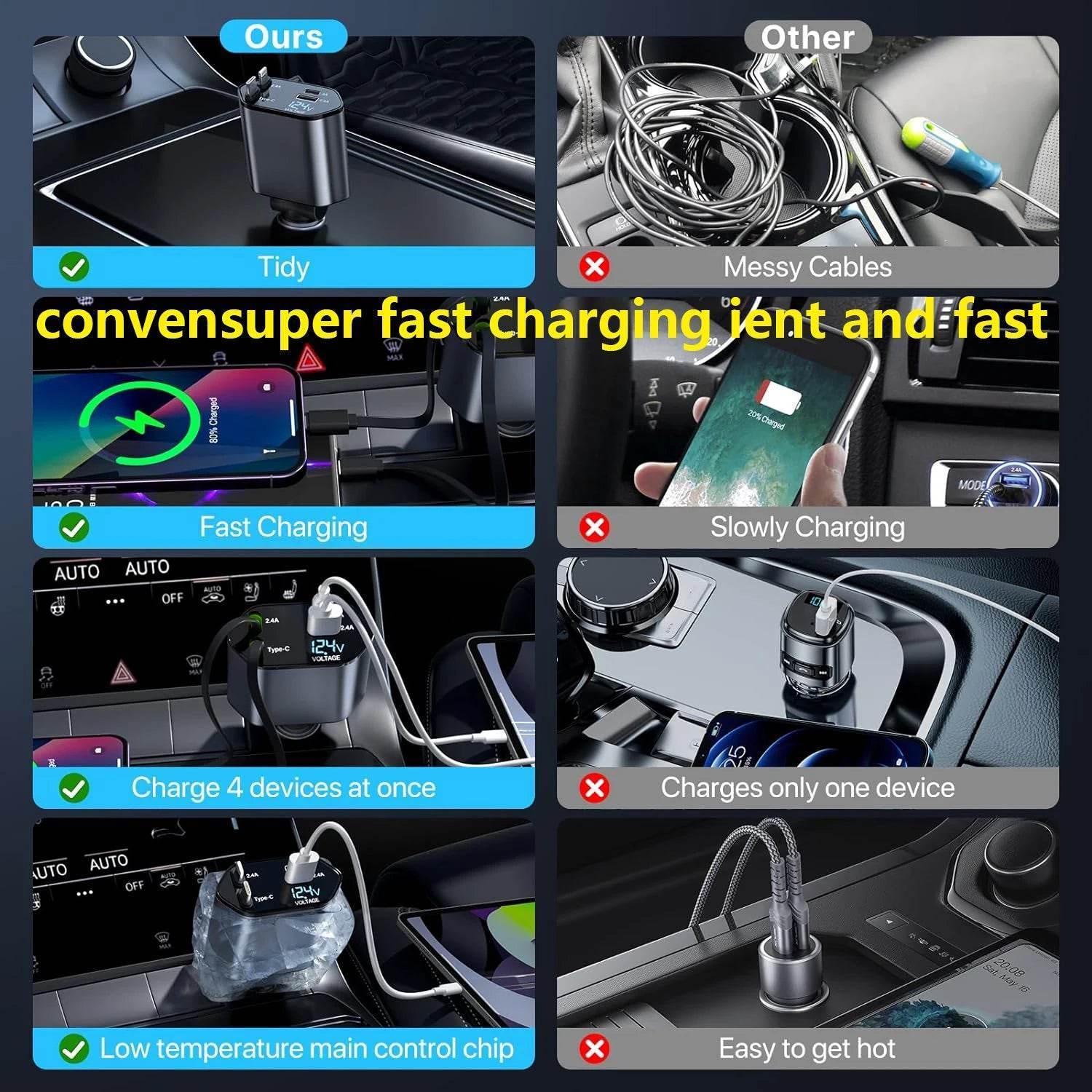 120W Fast Car Charger 4-in-1 with Retractable Cable, Dual USB & Dual Type-C – Universal Compatibility - 