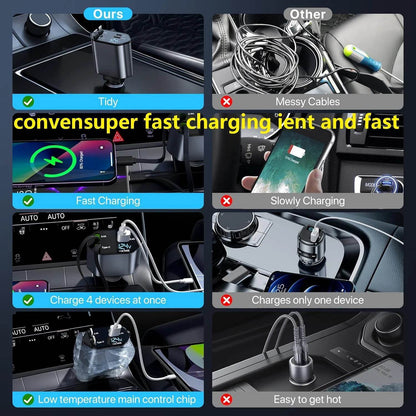 120W Fast Car Charger 4-in-1 with Retractable Cable, Dual USB & Dual Type-C – Universal Compatibility - 