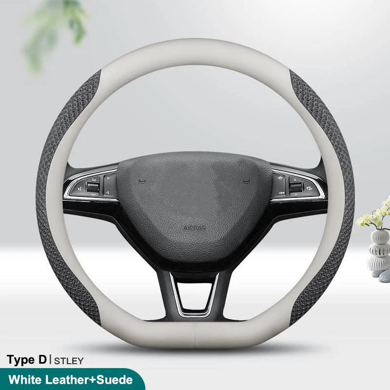 PU Leather Universal Steering Wheel Cover - D Shape / Black Embossed