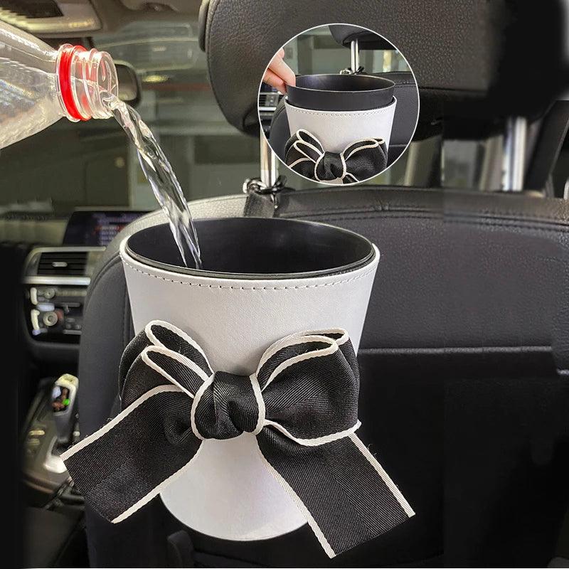 Waterproof Bowknot Car Trash Bin - Headrest Mount Mini Auto Organizer