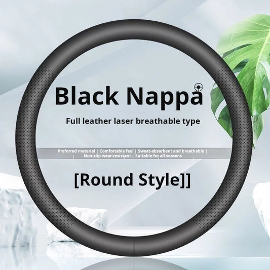 Nappa Leather Steering Wheel Cover | Ultra-Thin, Non-Slip, All-Season Fit - Round black