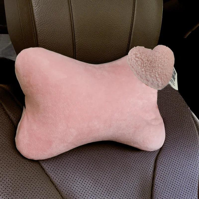 Soft Plush Car Neck Pillow - Cute Heart Print Bone-Shaped Headrest