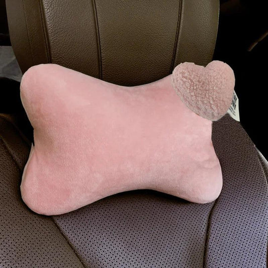 Soft Plush Car Neck Pillow - Cute Heart Print Bone-Shaped Headrest