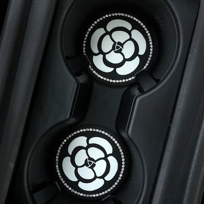Diamond Camellia Car Cup Holder Mat Non-Slip Interior Pad Women