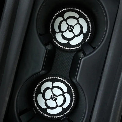Diamond Camellia Car Cup Holder Mat Non-Slip Interior Pad Women