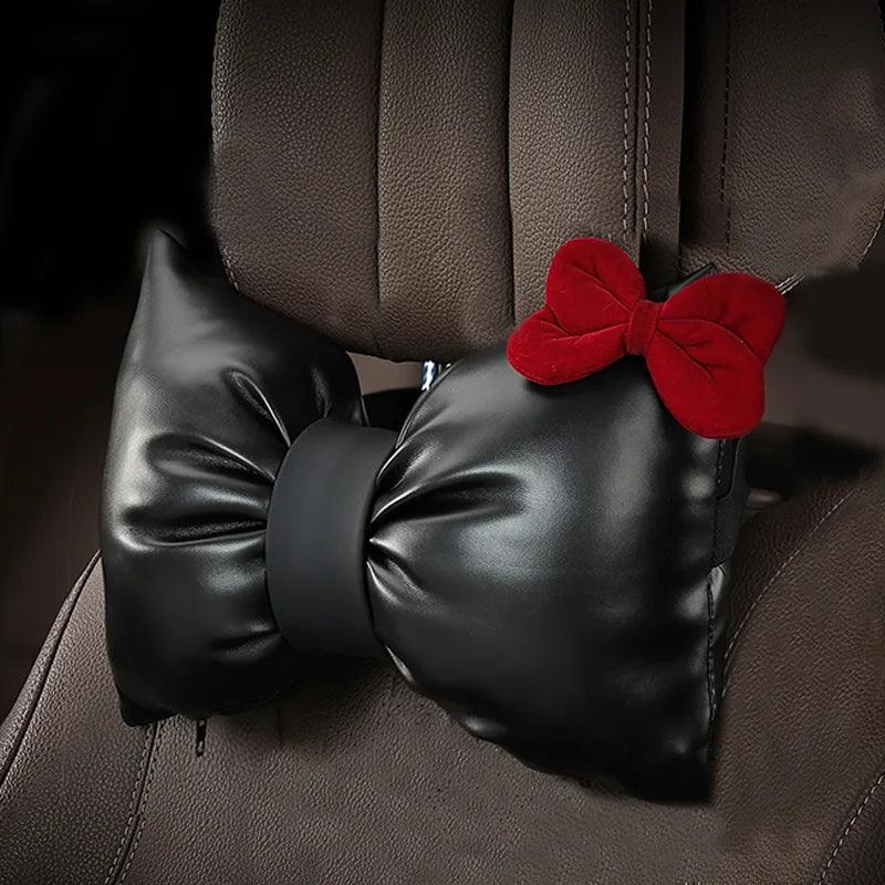 Red Bow PU Leather Car Neck Pillow - Headrest Support Cushion