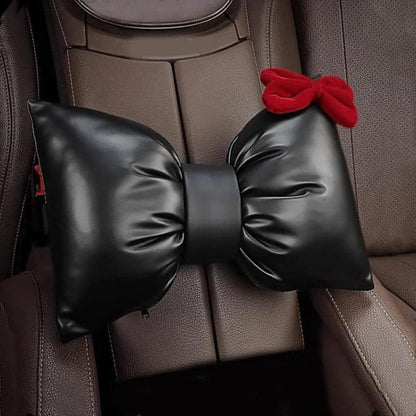 Red Bow PU Leather Car Neck Pillow - Headrest Support Cushion