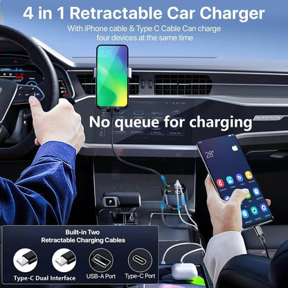 120W Fast Car Charger 4-in-1 with Retractable Cable, Dual USB & Dual Type-C – Universal Compatibility - 