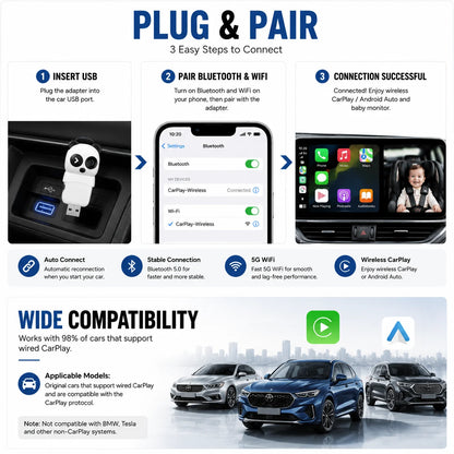 1080P Wireless CarPlay Baby Car Camera Monitor with Split-Screen Display