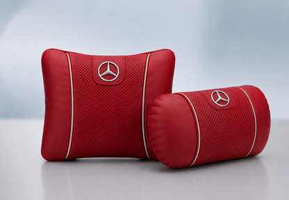 Mercedes Car Neck Pillow & Lumbar Support Cushion - Set Red