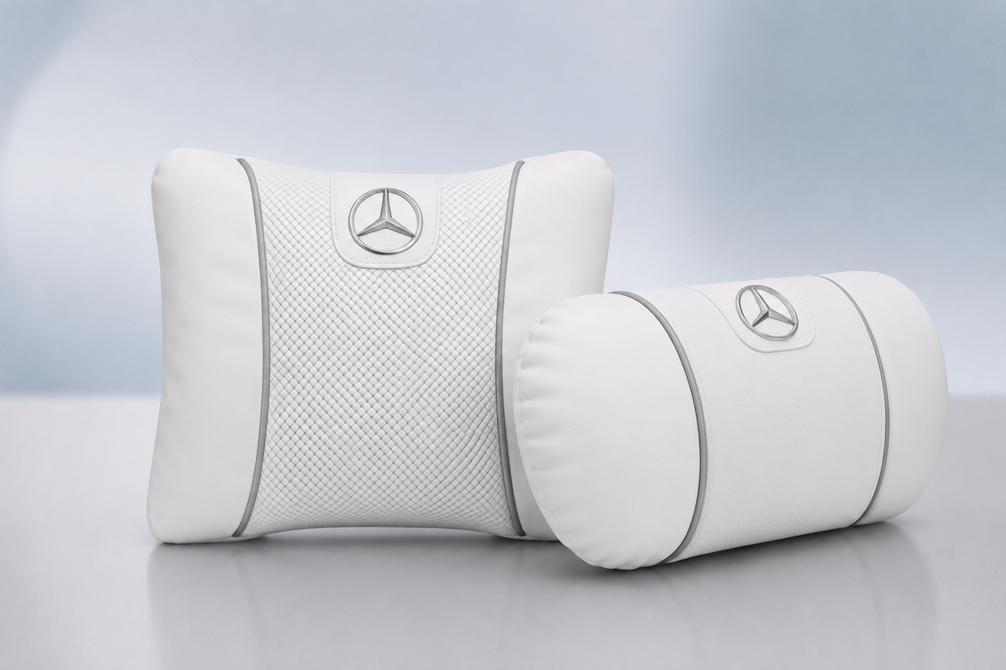Mercedes Car Neck Pillow & Lumbar Support Cushion - Set White