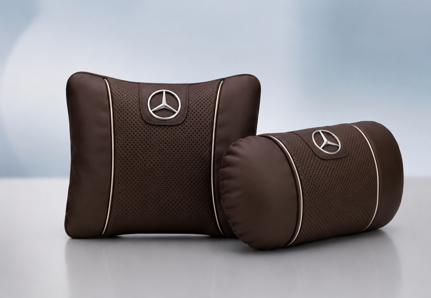 Mercedes Car Neck Pillow & Lumbar Support Cushion - Set Brown