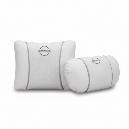 Nissan Car Neck Pillow & Lumbar Support Cushion Set - Set White
